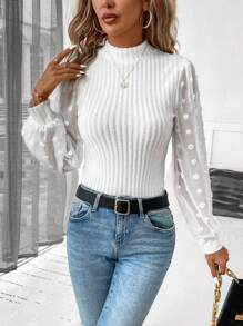 SHEIN Clasi Swiss Dot Lantern Sleeve Mock Neck Top - White - View 5