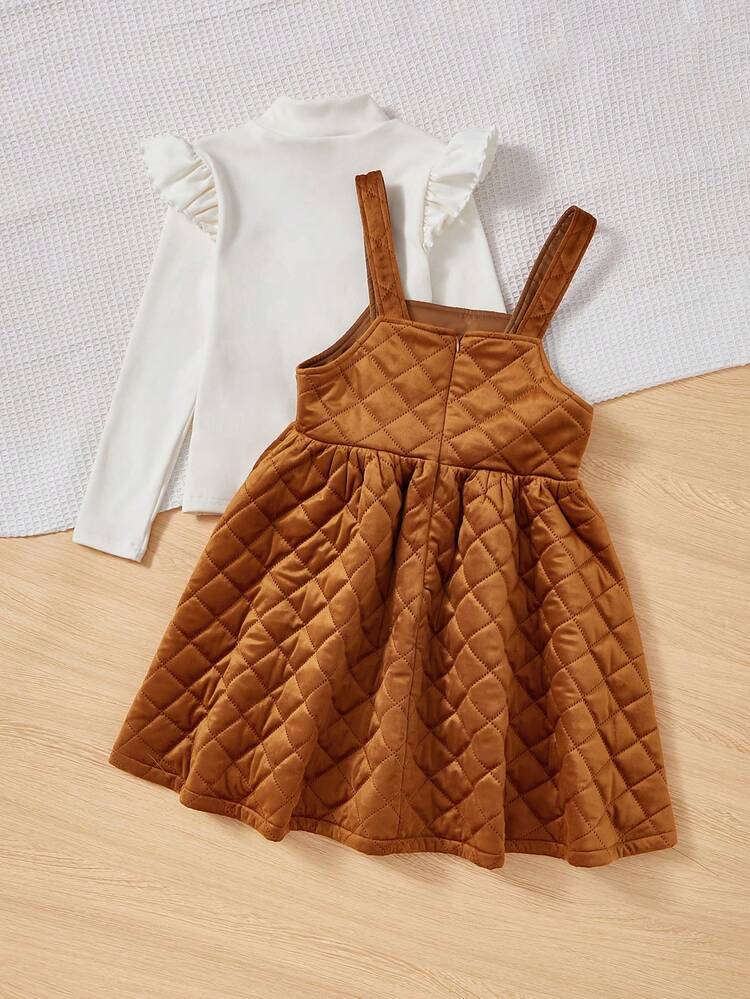 Tween Girl Ruffle Trim Tee & Quilted Overall Dress