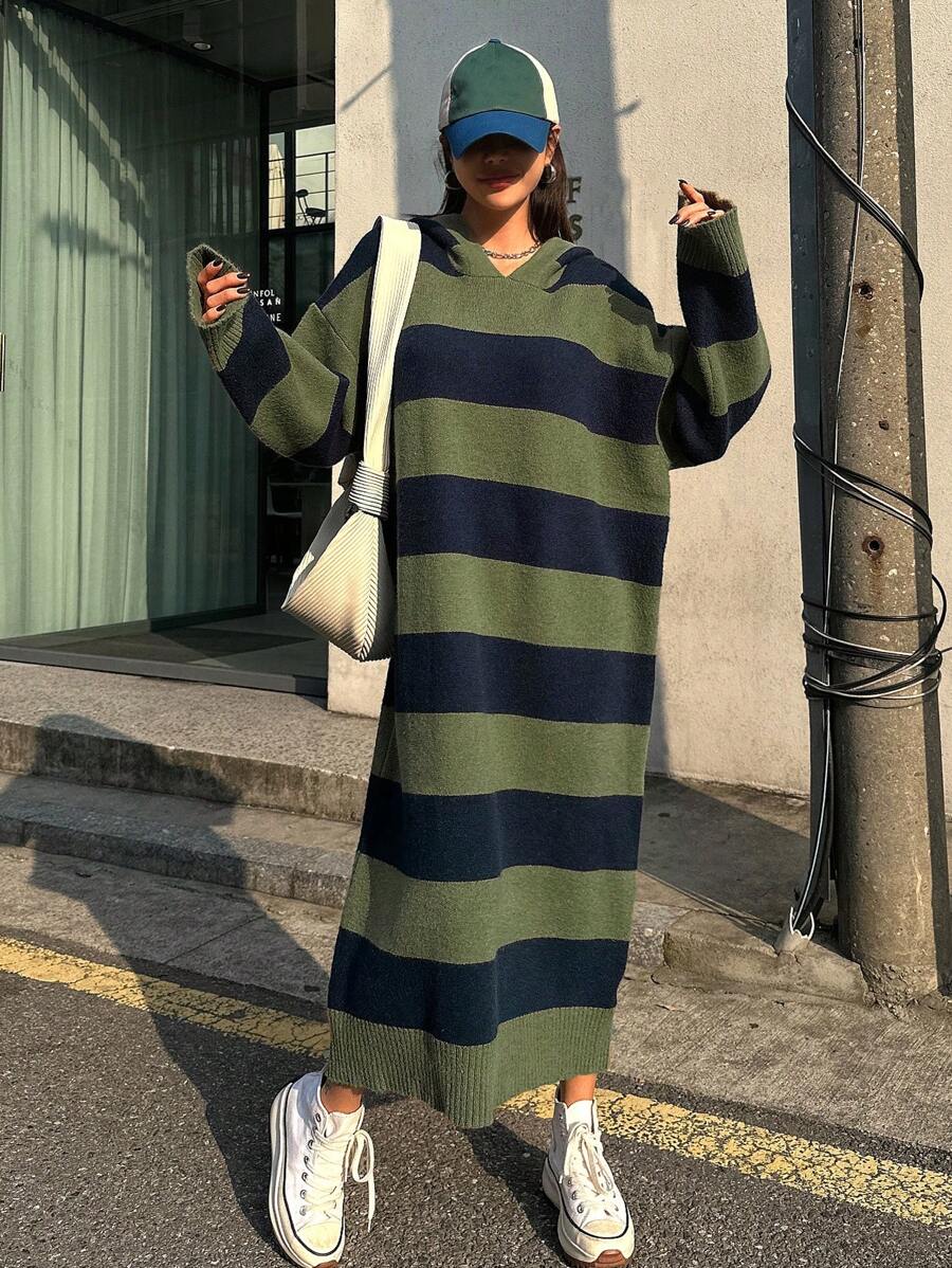 Dazy Star 女式双色条纹连帽毛衣裙，秋装 - 綠色 - 查看 1