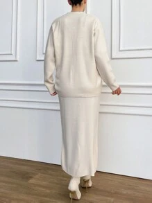 EURMUSE 女性落肩袖前紐扣開襟衫和毛衣半身裙兩件套套裝