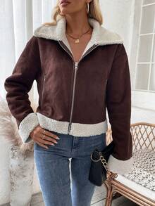 SHEIN LUNE Khối màu Teddy Vòng cổ Áo khoác - Cà phê nâu - Xem 6