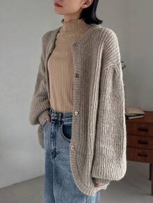 FRIFUL 下垂肩蓋肩燈籠袖開衫 - 灰色 - 查看 6