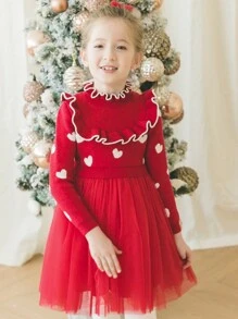 Trẻ Cô gái Hình trái tim Đầm Áo len Với Lưới Hem Và Chi tiết Frill - Đỏ - Xem 5