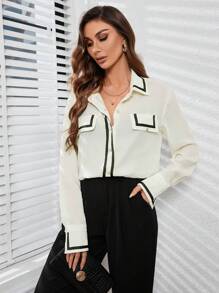 GENKIRA Tương phản Màu sắc Edging Tay áo dài Áo sơ mi - Màu be - Xem 1