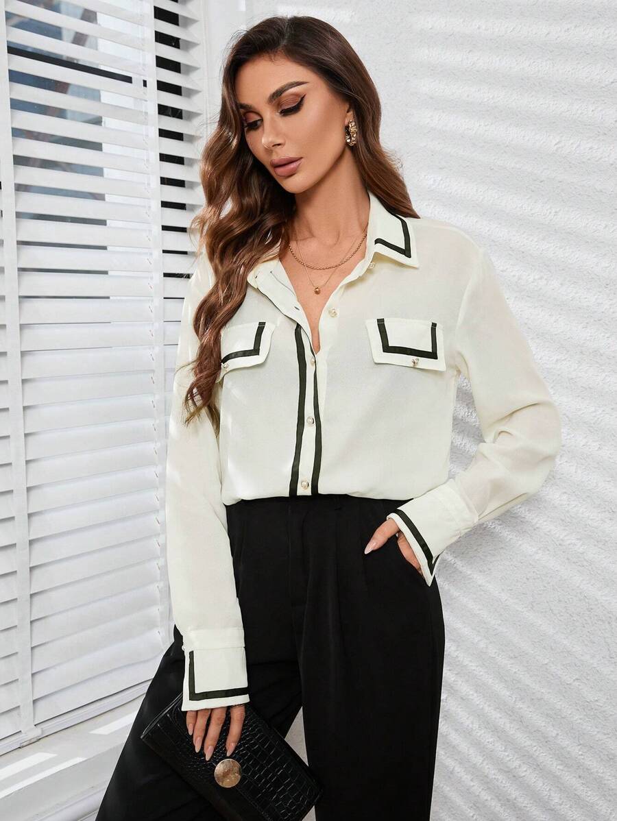 GENKIRA Tương phản Màu sắc Edging Tay áo dài Áo sơ mi - Màu be - Xem 1