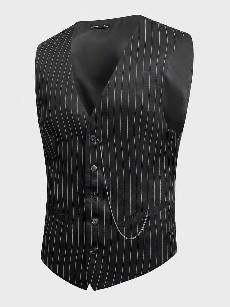 GENTILAND Men's Vertical Striped Vest And Pants Set - Black - View 5