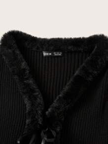 SHEIN ICON Fuzzy Trim Knot Front Cardigan,Long Sleeve Tops - Black - View 4