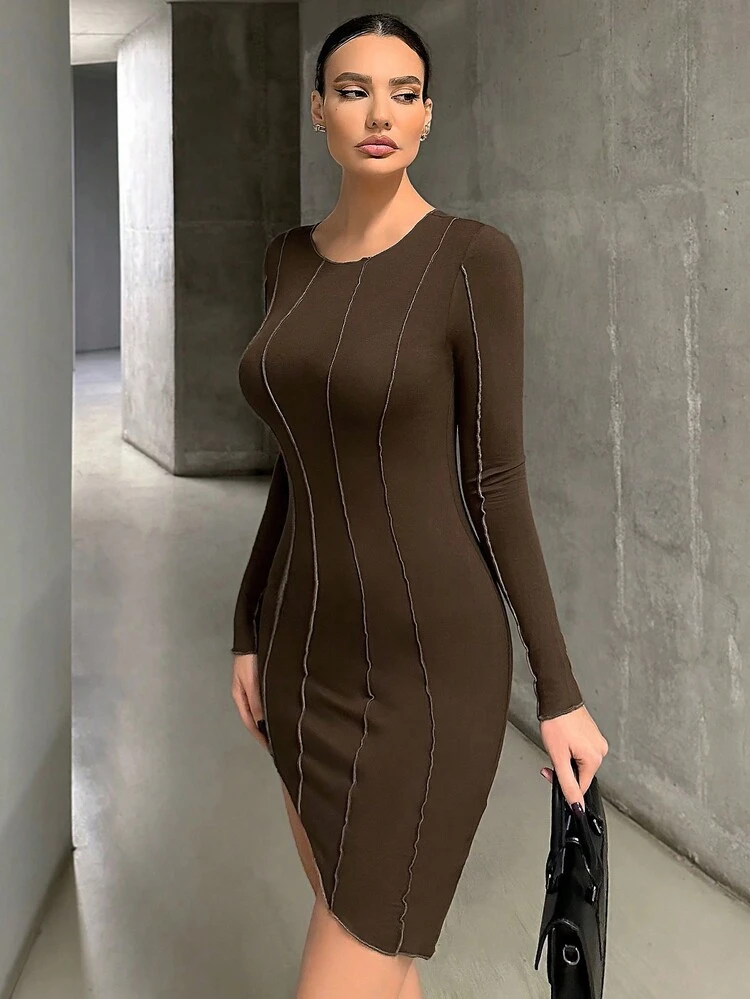 Top-stitching Asymmetrical Hem Bodycon Dress
