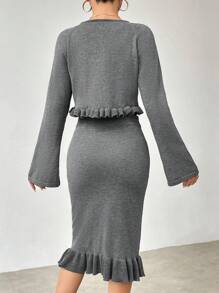SHEIN Clasi Women Sweater Co-ords Ruffle Hem Rib-Knit Tombol Depan Plain Casual - Grey - View 2