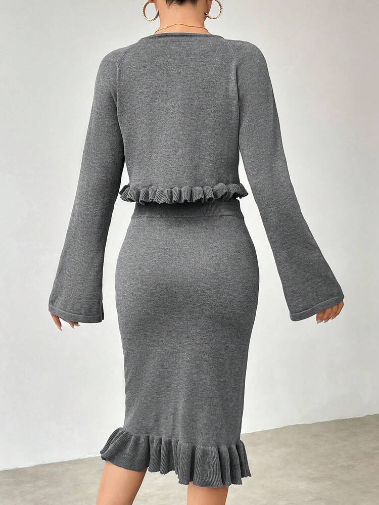 Women'S Gray Short Cardigan Set With Frill Edge Detail