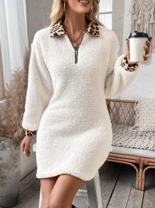 Chiquease 女士豹紋拼接翻領下肩燈籠袖連衣裙 - 白色 - 查看 6