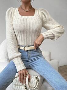 SHEIN LUNE 女士燈籠袖針織衫 - 米色 - 查看 1