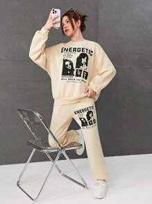 SHEIN 青少年女孩字母圖案落肩保暖襯裡套頭衫和運動褲