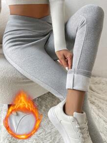 SHEIN Essnce 女士交叉腰保暖内衬紧身裤 - 淺灰色 - 查看 1