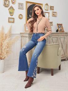 SHEIN LUNE Thêu hoa Rách Quần ống loe - Màu xanh lam - Xem 3