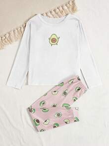 Conjunto de pijama con estampado de aguacate para niñas preadolescentes - Blanco - Ver 3