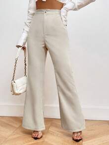 SHEIN Privé Solid Color High Waisted Corduroy Flare Pants - Khaki - View 6