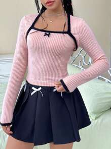 SHEIN EZwear Tương phản ràng buộc Nơ mặt trước Áo thun - Hồng - Xem 1