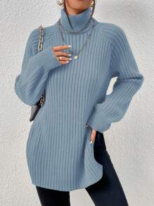 EURMUSE Turtleneck Raglan Sleeve Split Hem Sweater - Blue - View 5