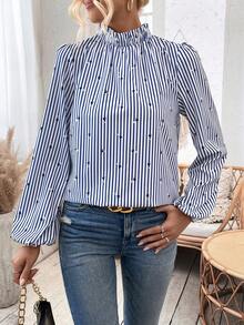 SHEIN Privé 女式條紋半高領燈籠袖襯衫
