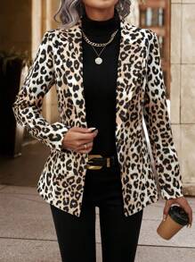 SHEIN LUNE Women's Leopard Print Suit Jacket - Brown - View 1