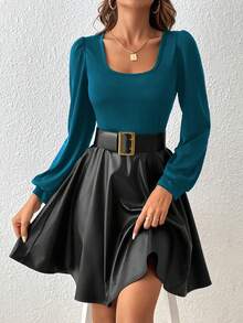 SHEIN Frenchy Của phụ nữ Khối màu Vòng cổ Tay áo dài Đầm - Màu xanh bạc hà - Xem 6