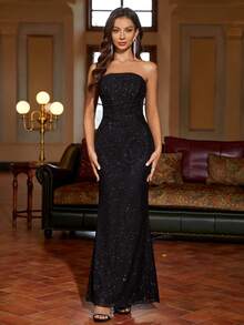 PARTHEA 鱼骨褶皱亮片网纱无肩带长裙，优雅大方，适合鸡尾酒会、半正式舞会、婚礼宾客着装，也适合生日、毕业典礼、晚宴、返校派对等场合，春季黑色 - 黑色 - 查看 7