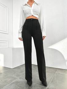 EURMUSE High Waist Straight Leg Pants - Black - View 4