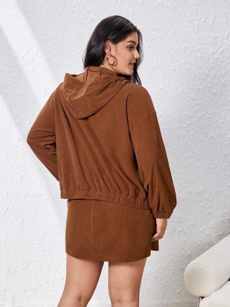 Plus Size Corduroy Drawstring Jacket And Skirt Two Piece Set