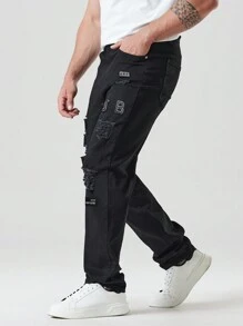 Manfinity Homme Nam Kích thước lớn Hoạt hình Chữ cái Patch Quần jean rách - màu đen - Xem 8