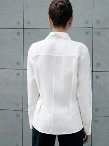 Anewsta Camisa De Color Sólido Con Parche Y Bolsillo - Blanco - Ver 2