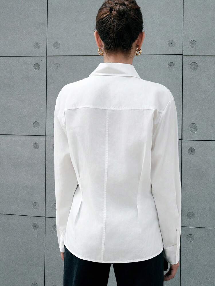 Solid Color Patchwork Shirt With Pocket Fall Cloth For Women
