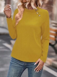 SHEIN LUNE Women's Stand Collar Long Sleeve Shirt - Yellow - View 4