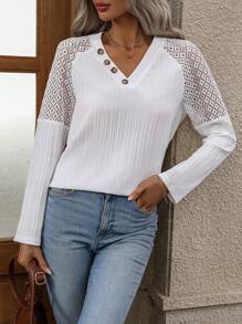 SHEIN LUNE Của phụ nữ Chèn Lace Tay Raglan Áo sơ mi - trắng - Xem 4