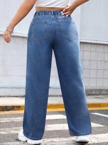 SHEIN EZwear Jeans De Pierna Recta De Talle Alto Para Talla Grande Con Detalle De Pedrería - Lavado ligero - Ver 2