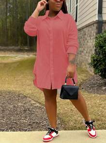 Vestido De Color Sólido De Talla Grande - Rosa vieja - Ver 3