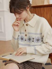 Simple Retro wool print button lapel neck sweater - Beige - View 5