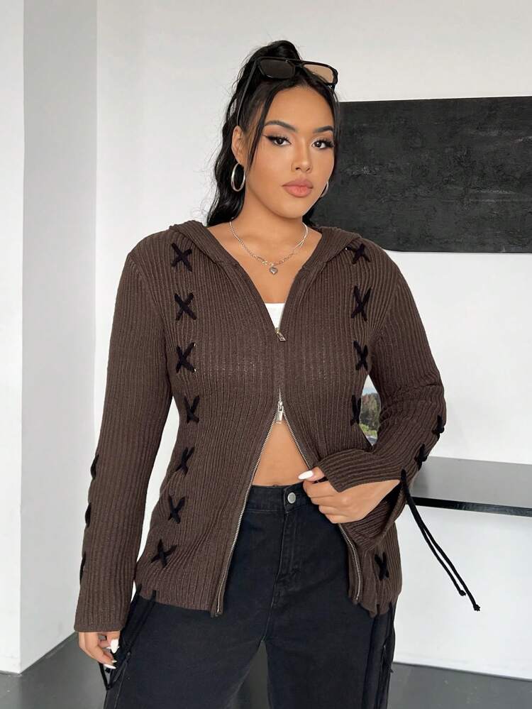 Plus Size Zip Front Hooded Cardigan