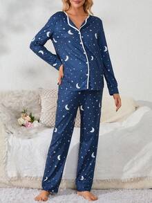 Maternity Moon & Star Printed Long Sleeve And Long Pants Pyjamas Set - Blue - View 4