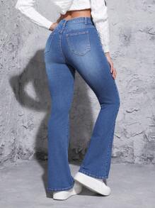 SHEIN EZwear Asymmetrical Waist Flare Leg Jeans - Medium Wash - View 2