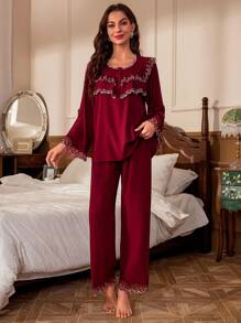 女士睡衣套裝 - 酒紅色 - 查看 3