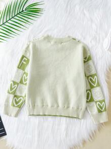 SHEIN Young Boy Checker & Heart Pattern Drop Shoulder Sweater - Green - View 2