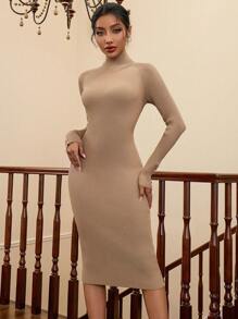 SHEIN Privé Của phụ nữ Tay áo dài Áo len dệt kim Đầm - Màu Khaki - Xem 7