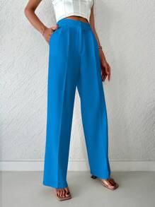SHEIN Cottnline Women's Solid Color Loose Straight Pants - Blue - View 4