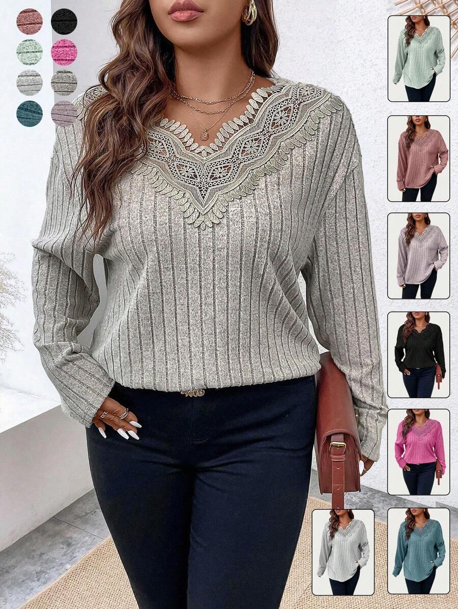 Calvaya Camiseta De Talla Grande De Mujer Con Encaje Y Acanalado De Mezcla De Remiendo