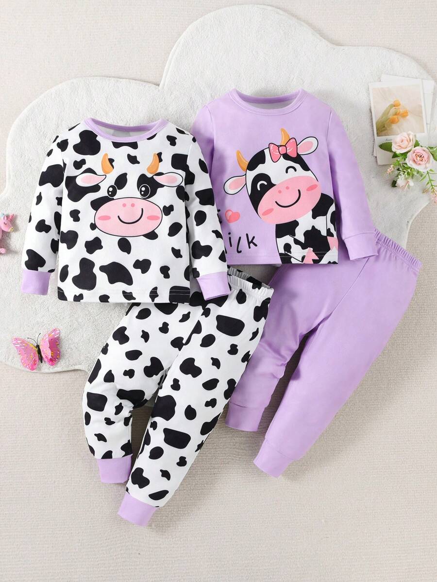 SHEIN 4pcs Đứa bé gái Vừa Khít In hoa bò Mô hình Cartoon Bộ mặc nhà ( Áo sơ mi & Quần ) - Nhiều màu - Xem 1