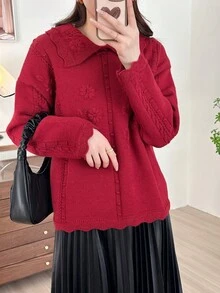 春季新款复古刺绣花卉针织毛衣甜美大翻领设计百搭温柔长袖上衣优雅青春韩版女装时尚 - 酒紅色 - 查看 4