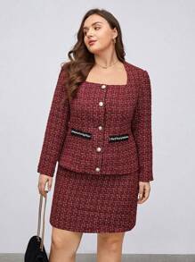 BizChic Hơn Hoa văn kẻ sọc Cổ vuông Tweed Áo khoác & Váy - Đỏ - Xem 10