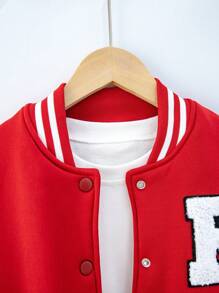 SHEIN Chaqueta Estilo Béisbol Para Niñas Entre 8 Y 12 Años, Con Bloques De Color Rojo Y Gris Y Mangas De Peluche - Rojo - Ver 6