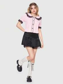 ROMWE Kawaii 女性蕾絲邊裝飾的粉紅色鈕扣前衣服 - 粉色 - 查看 1